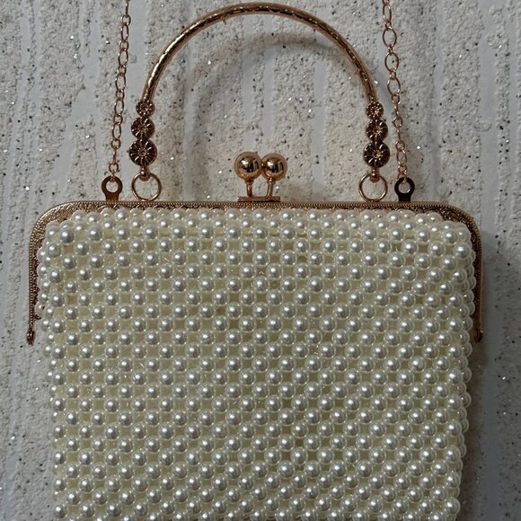 Pearl Beaded Clutch Bag with Rose Gold Chain | Elegant Wedding Purse Evening Han - Picture 6 of 8
